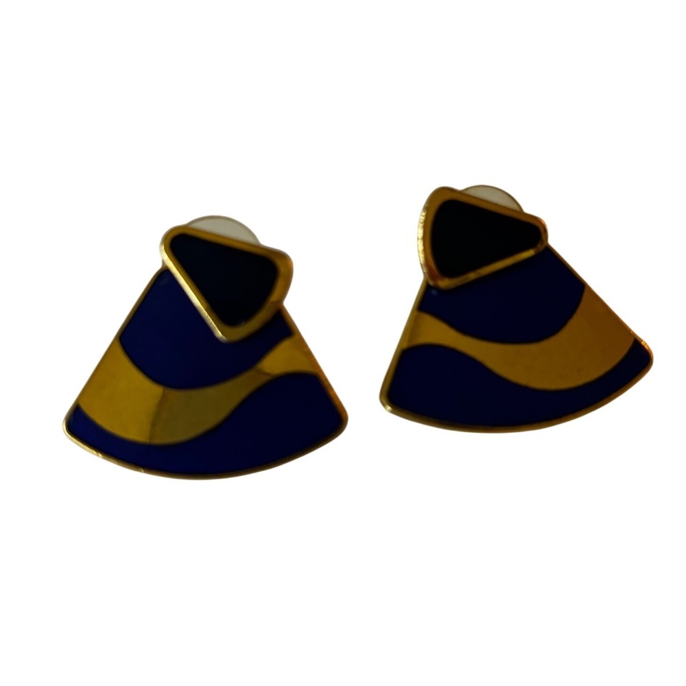 Laurel Burch Enamel Earrings Blue Gold Vintage Abstract Fan Geometric